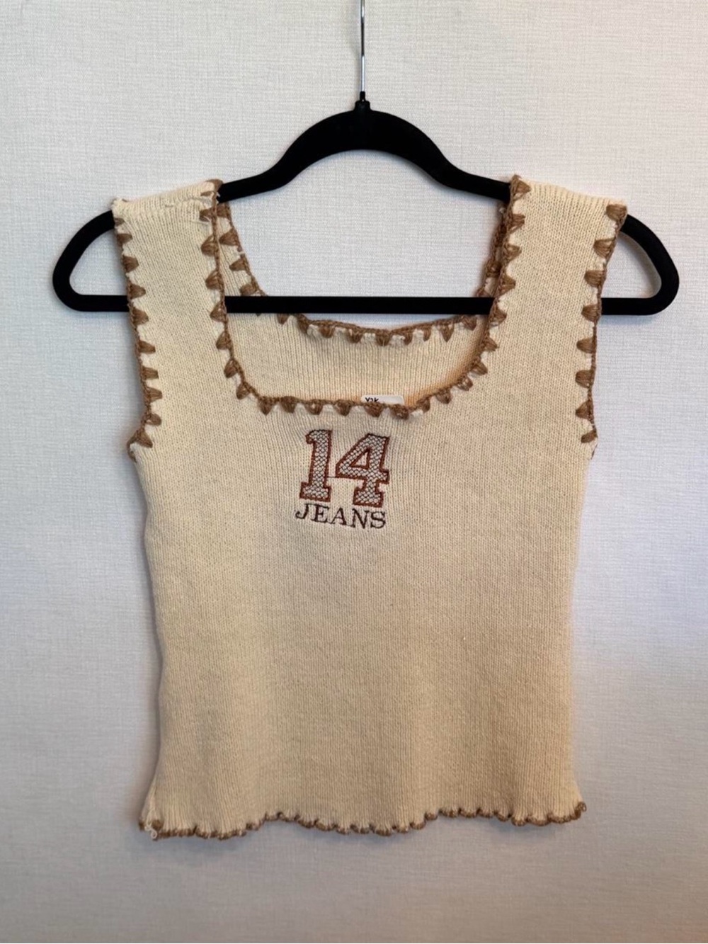 Artisanal Cream Knit Tank Top with Brown Trim and '14 Jeans' Embroidery O/S